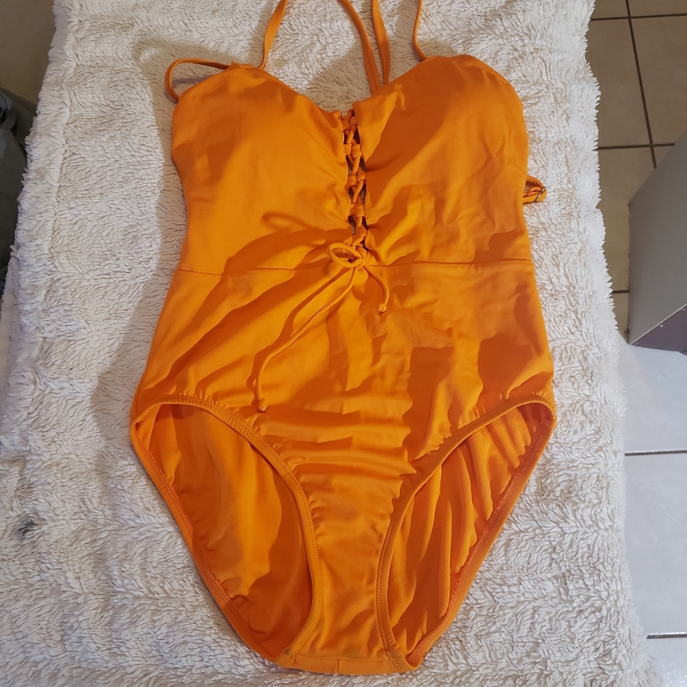 Swimsuit- Time and True 1 piece Lace Up Swimsuit, Orange/Papaya color, Large